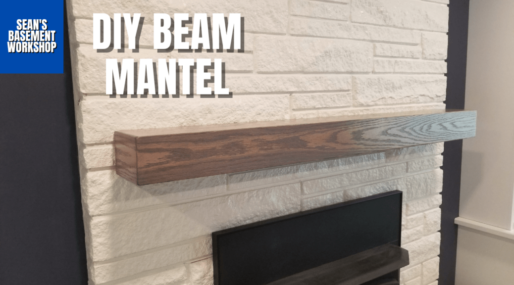 beam mantel mounted on a painted white stone fireplace